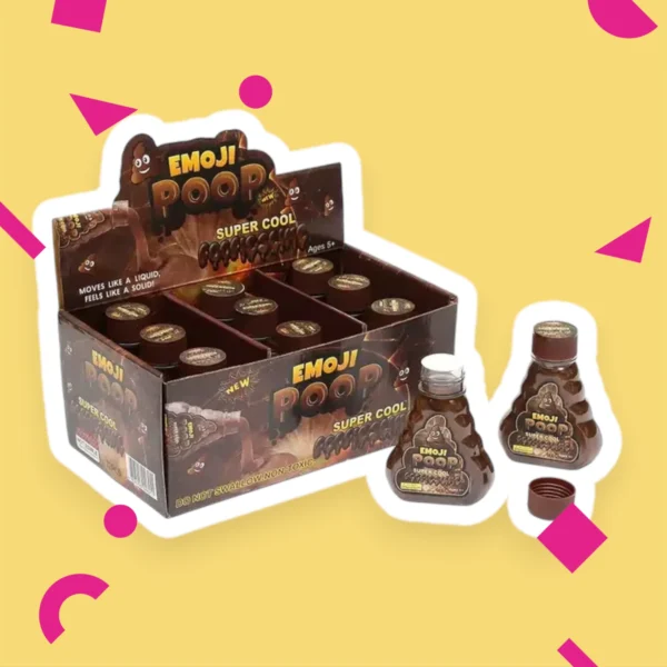 Emoji Poop Slime-behållare i chokladbrun färg med smiley-emoji, rolig leksak för barn