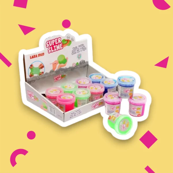 Ljusa Super Slime-behållare i olika färger, bland annat rosa, gröna och blåa, mot en gul bakgrund.