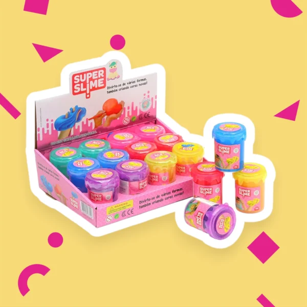 Super Slime set med flera neonfärgade burkar mot en gul bakgrund