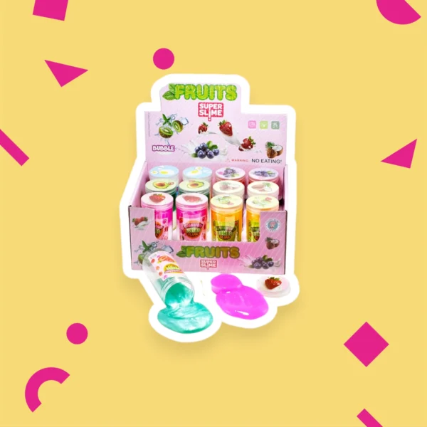 Bubbelslime med frukttema i flera färger presenterat på ljusgul bakgrund med geometriska former.