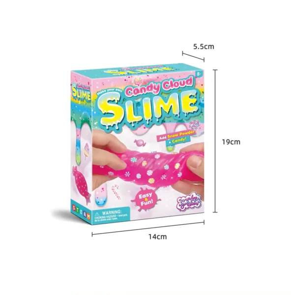 Candy Cloud Slime-produktförpackning med måttangivelser.