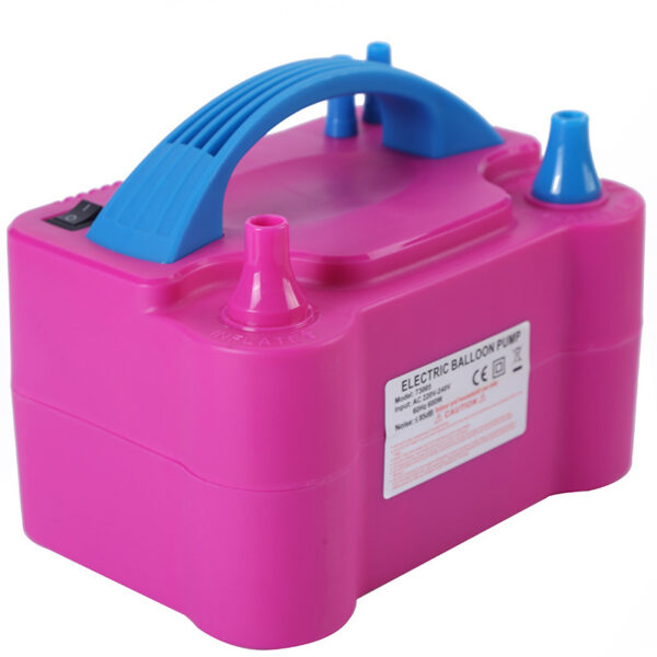 Toppvy av den rosa elektriska ballongpumpen med blått handtag.