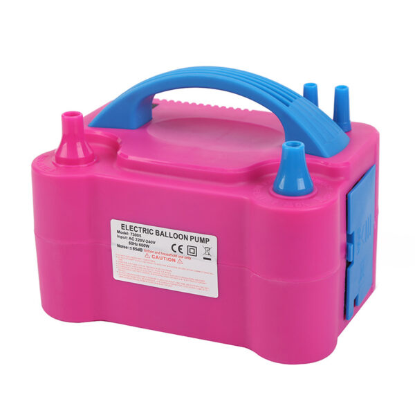 Rosa elektrisk ballongpump med blå handtag och munstycken.