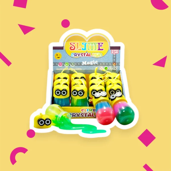 Behållare med Minion-inspirerad Crystal Mud Slime i lekfulla färger med karaktäristiska stora ögon