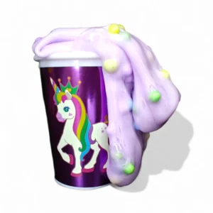 Unicorn Bubble Slime i rosa färg med enhörningsdesign och färgglada kulor