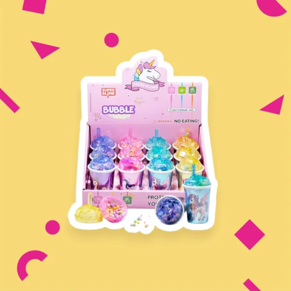 Barnvänligt Unicorn Bubble Slime-set i pastellfärgade bägare med glittrande pärlor