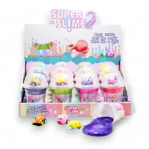 Färgrik glitter slime med överraskningsleksak i varje genomskinlig bägare