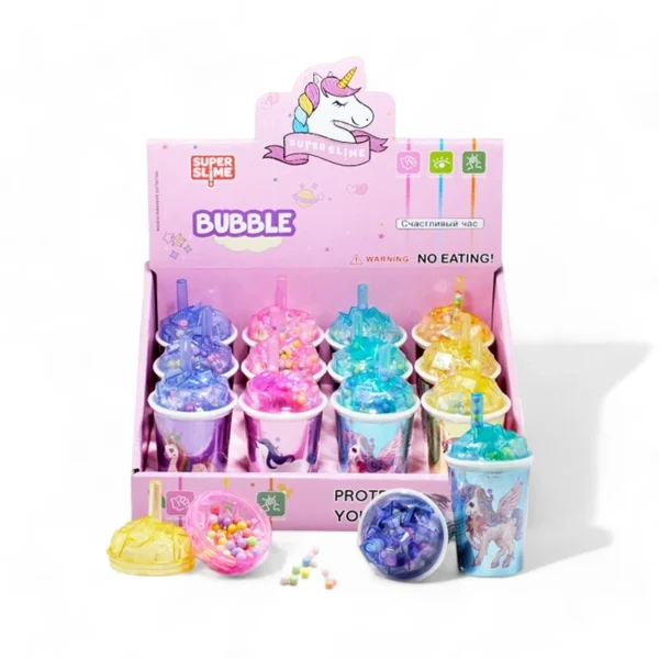 Färgstarkt Unicorn Bubble Slime Set i bägare med blandade pärlor
