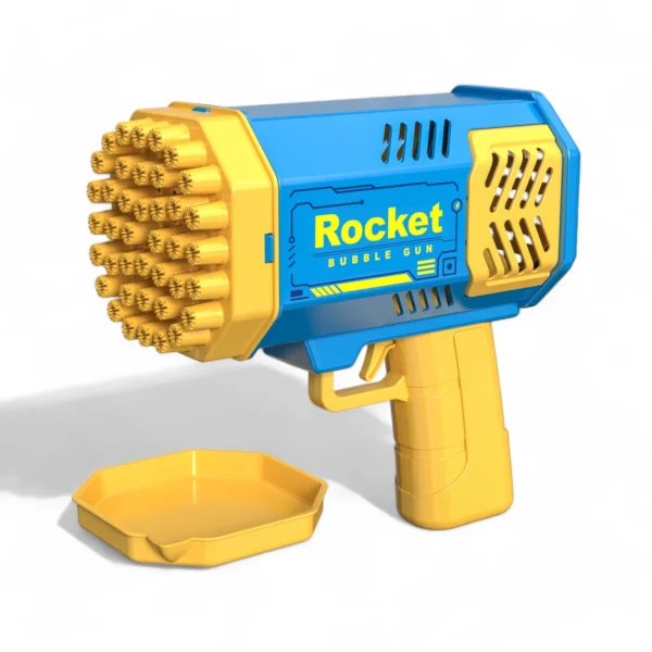 Blå bubbelpistol Bazooka Rocket Bubble Gun med medföljande såpbubbelbricka.