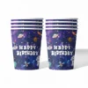 Pappersmuggar med rymdmotiv och texten 'Happy Birthday