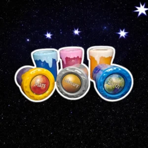 Planet slime 6-pack med Mars, Merkurius och Jorden i en stjärnbeströdd rymdbakgrund.