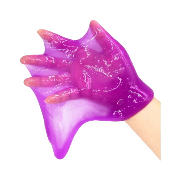 Lila slajm kladdigt på en hand, perfekt lek från SlimeCity