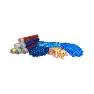 Blått Pysselkit med glitterrör, blå glitterflakes, fruktmix-konfetti, blå pärlor och blå skumkulor