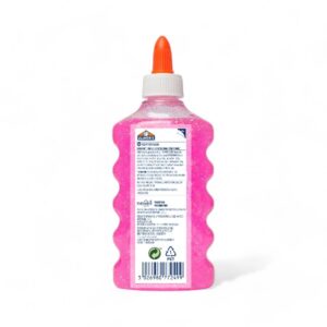 Elmers rosa glitterlim baksida med instruktioner och produktinformation – 177 ml