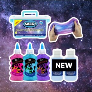 Galaxy Slime Kit startpaket med lim och magisk vätska för att skapa färgglatt slime hemma, perfekt för kreativa barn.