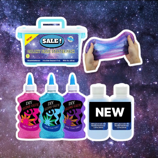 Galaxy Slime Kit startpaket med lim och magisk vätska för att skapa färgglatt slime hemma, perfekt för kreativa barn.