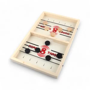Sling Puck Brädspel med svart och träfärgade puckar