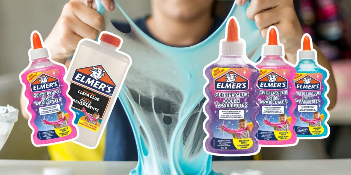 Elmers glitterlim och genomskinligt lim för att göra färgglatt slime.