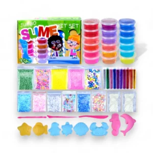 Slime Pyssel Kit med glitter, dekorationer och färgglada slimeburkar.