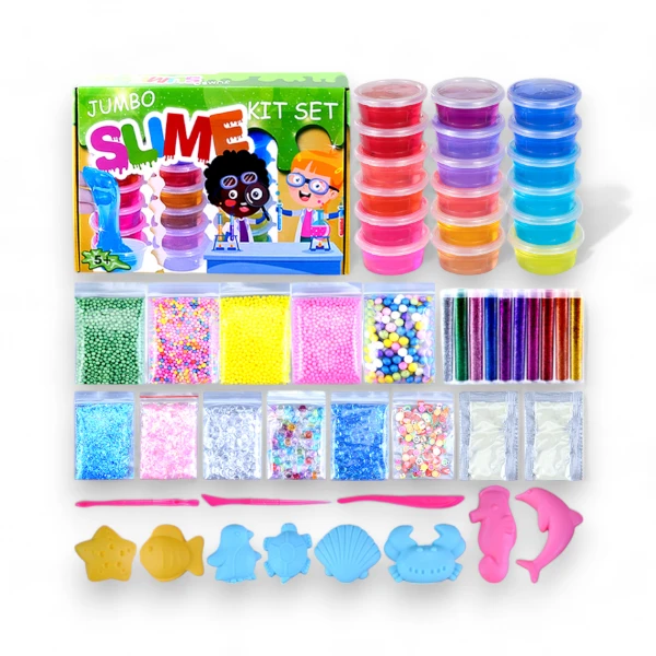 Slime Pyssel Kit med glitter, dekorationer och färgglada slimeburkar.