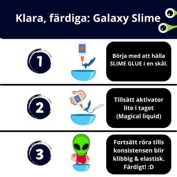 Steg-för-steg-guide för att skapa Galaxy Slime med slime glue och magisk vätska.