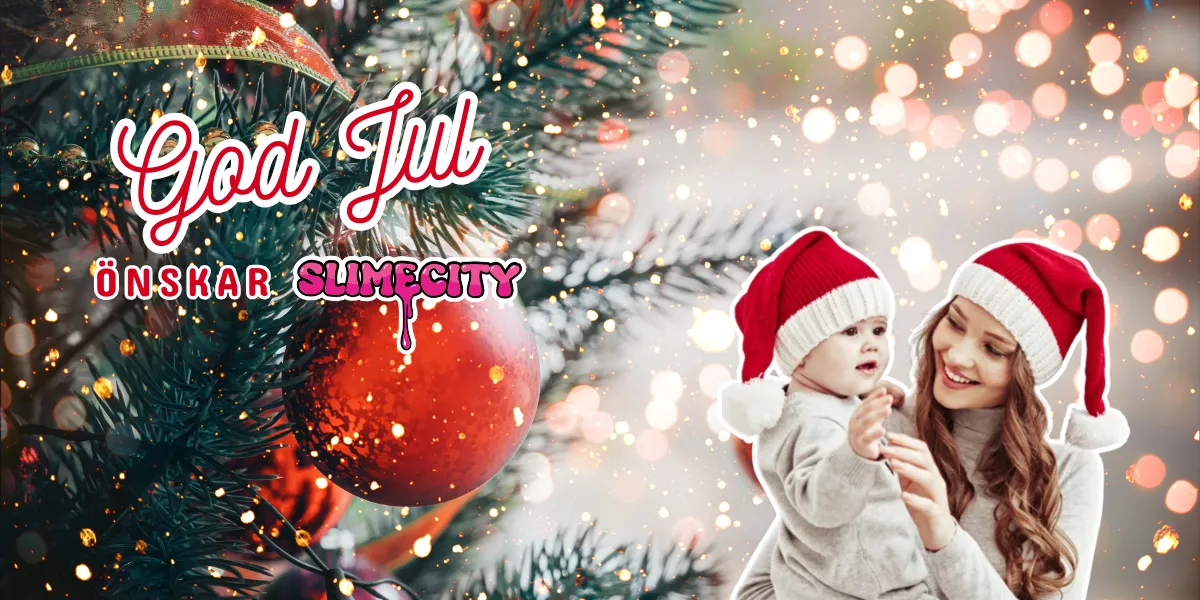 Julgranskulor och en mamma med barn i tomteluva – God Jul önskar SlimeCity
