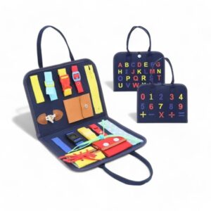 Montessori aktivitetsbok med flera aktiviteter för barn, inklusive remmar, knappar och dragkedjor.