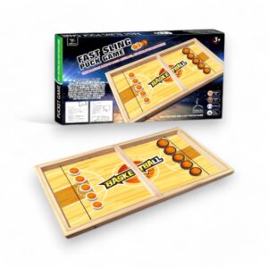 Sling Puck Brädspel med Basket Tema, förpackning och spelbräde.