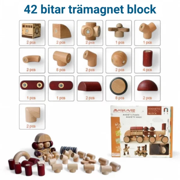 42 bitar magnetiska träblock – översikt av alla klossar och förpackning.
