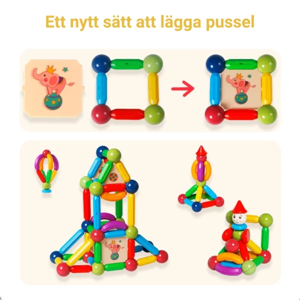 Magnetiska byggstavar och bollar används för att skapa kreativa pussel och 3D-strukturer.