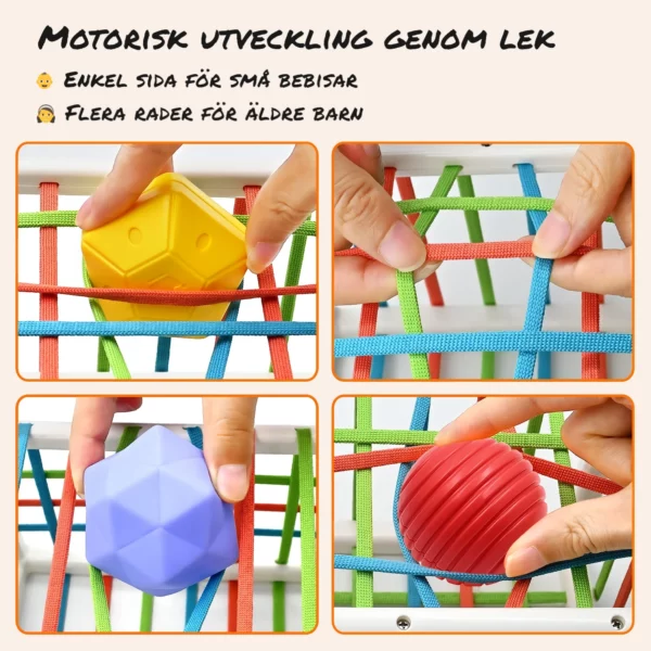 montessori box för bebis med elastiska färgband