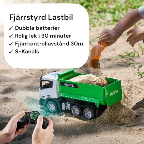 Radiostyrd lastbil för barn med grön hydraulisk tippfunktion