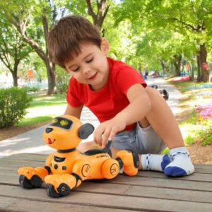 Pojke leker med fjärrstyrd robot hund i parken