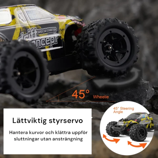 Radiostyrd terrängbil som klättrar i 45 graders lutning med lättstyrd servo