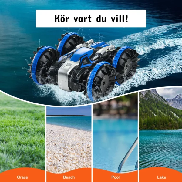 Vattentät radiostyrd bil som kör på gräs, strand, pool och sjö