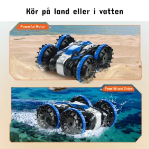 Vattentät radiostyrd bil kör på både sand och vatten med fyrhjulsdrift