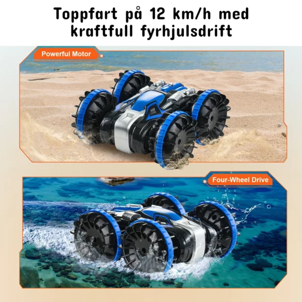 Vattentät radiostyrd bil med fyrhjulsdrift kör på sand och vatten i hög fart
